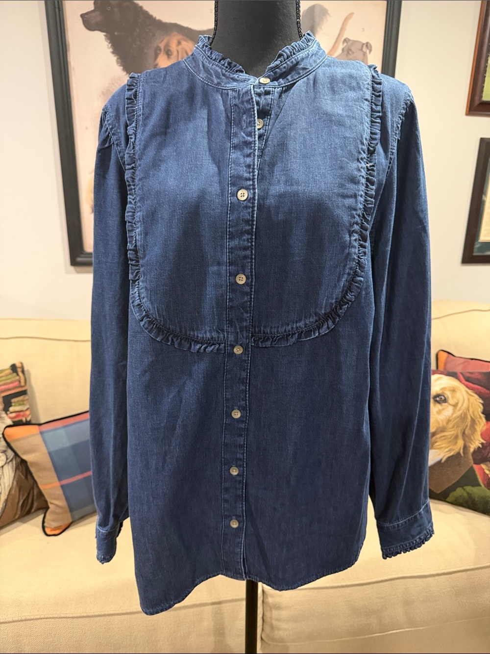 Gap Women’s Denim Ruffle Bib Button-Up- Blue size XL new with tags
